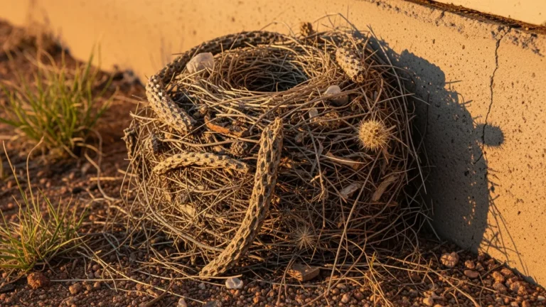 Packrat nest near an Arizona home foundation in the desert