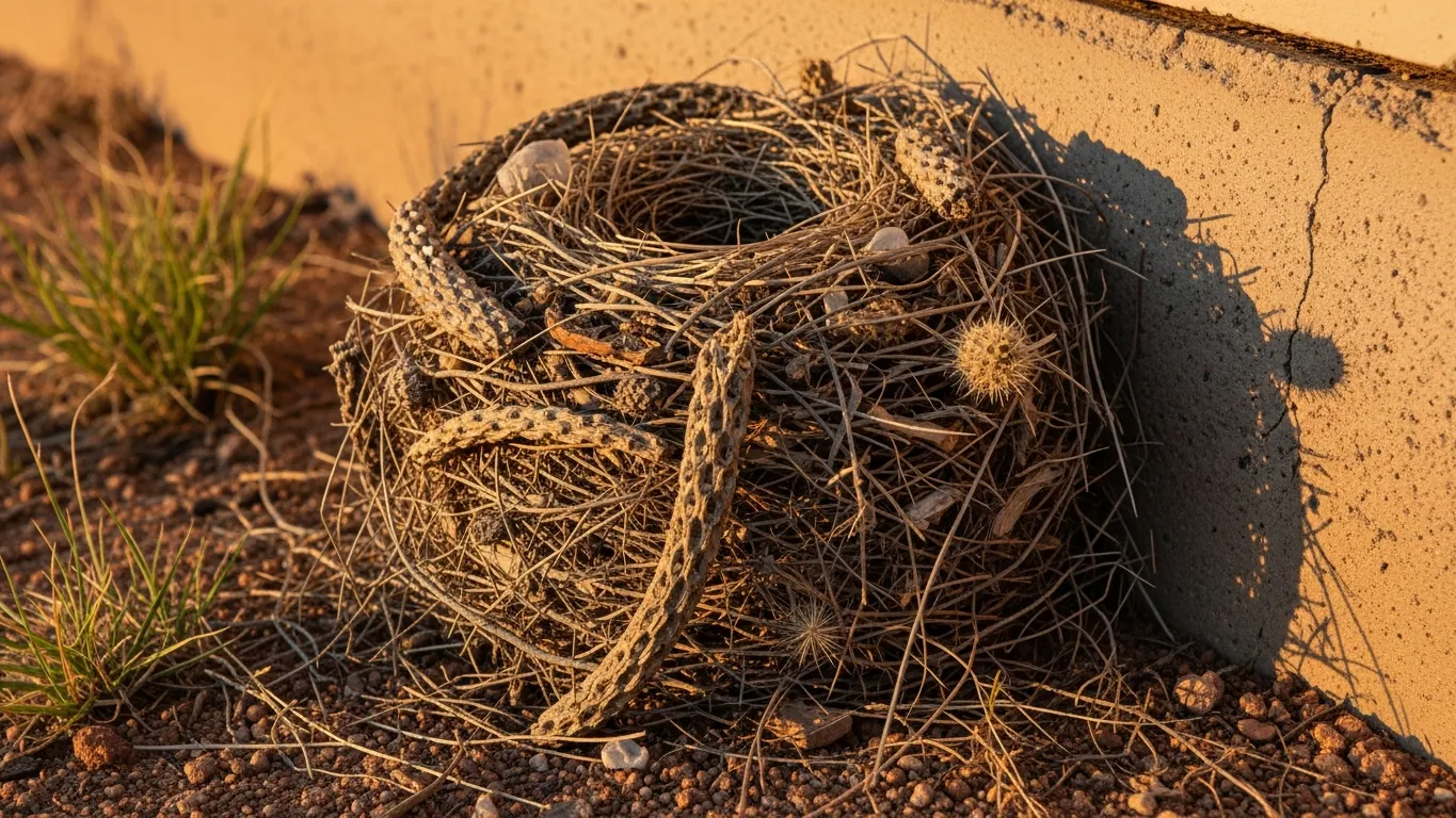Packrat nest near an Arizona home foundation in the desert