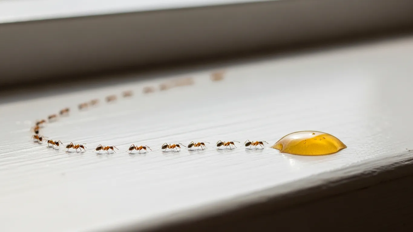 Line of ants trailing along a kitchen windowsill toward honey