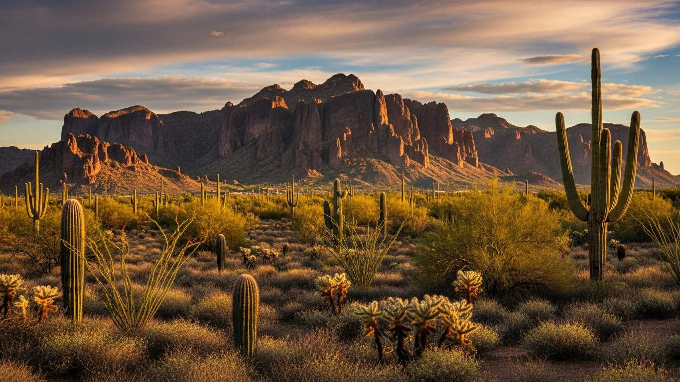 Apache Junction Arizona with Superstition Mountains at golden hour