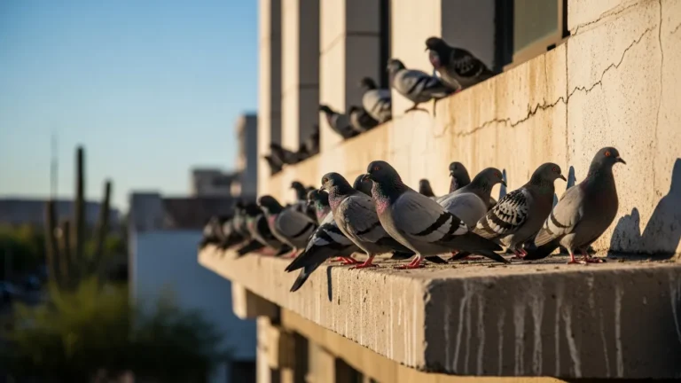 Pigeons roosting on a commercial building ledge in Phoenix