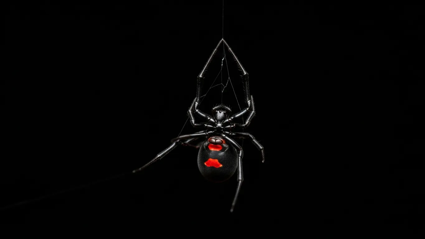 Black widow spider showing red hourglass marking on abdomen