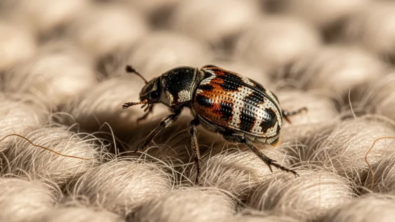 Carpet beetle on wool rug fibers in extreme macro