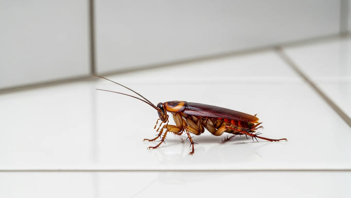 American cockroach on white bathroom tile near a baseboard