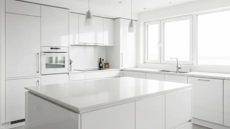 Spotless gleaming white kitchen with bright natural light