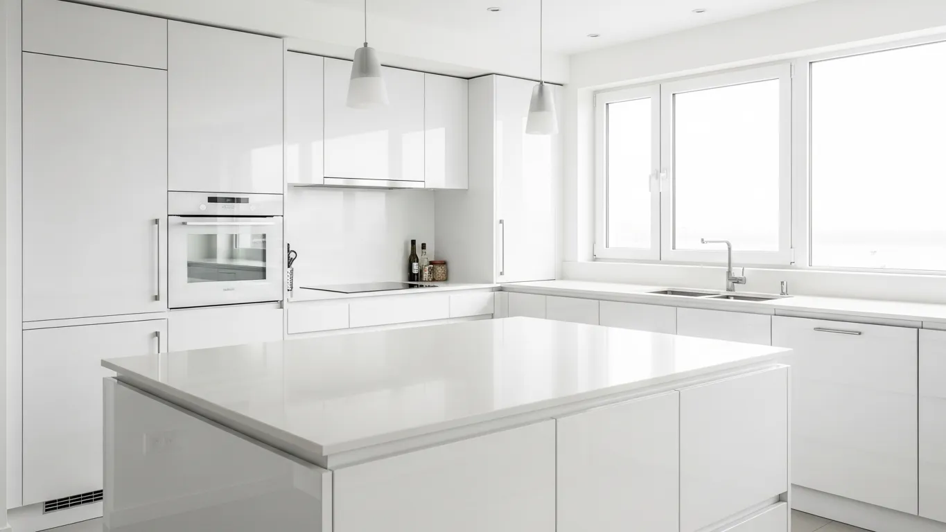 Spotless gleaming white kitchen with bright natural light