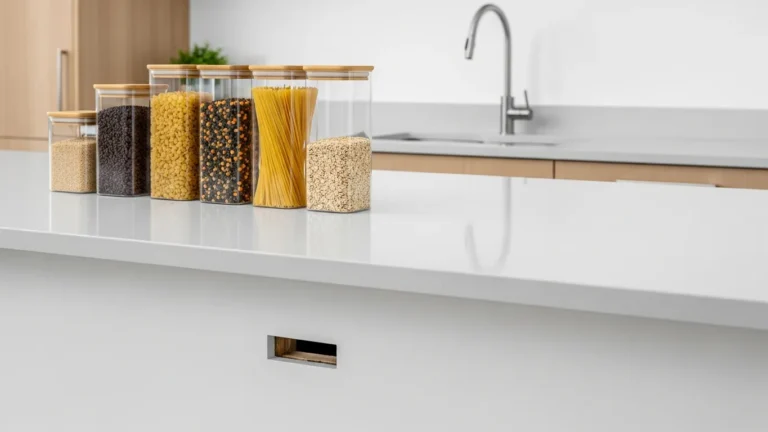 Clean kitchen counter with sealed food containers and baseboard gap