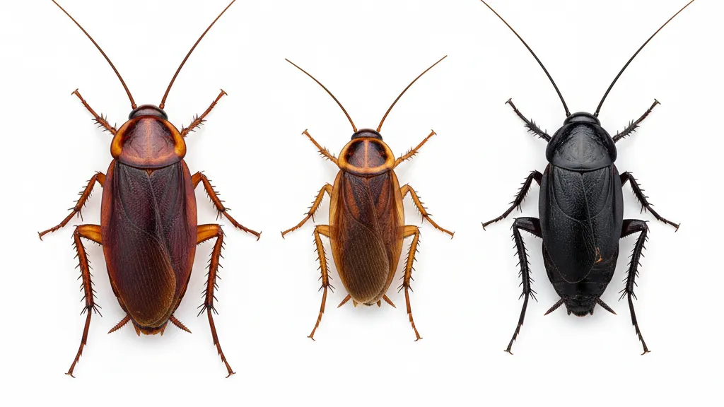 Three cockroach species compared on a neutral white surface