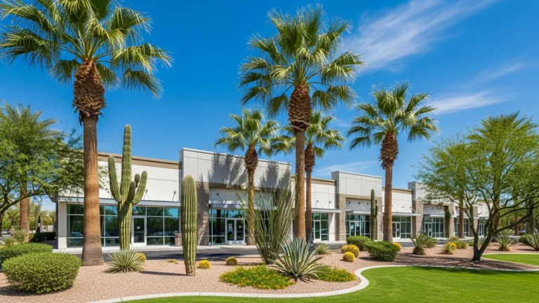 Modern Phoenix commercial building with clean desert landscaping