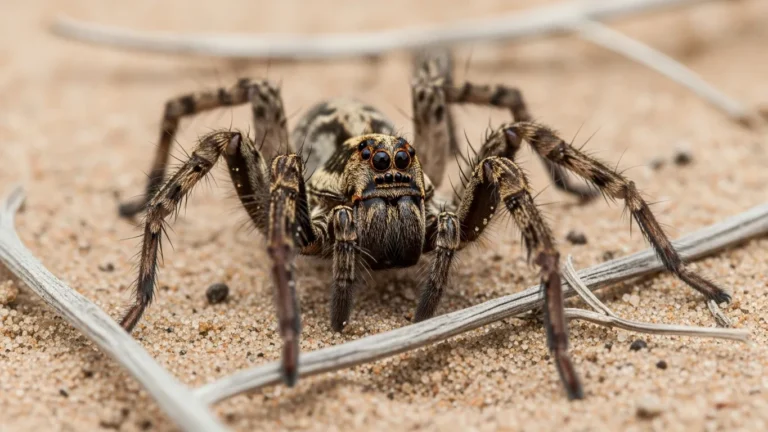 Wolf spider on desert floor showing eye pattern and markings