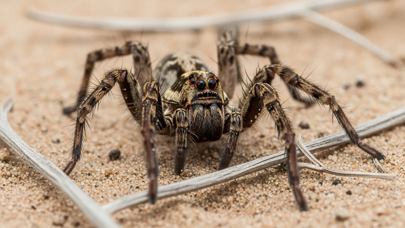 Wolf spider on desert floor showing eye pattern and markings