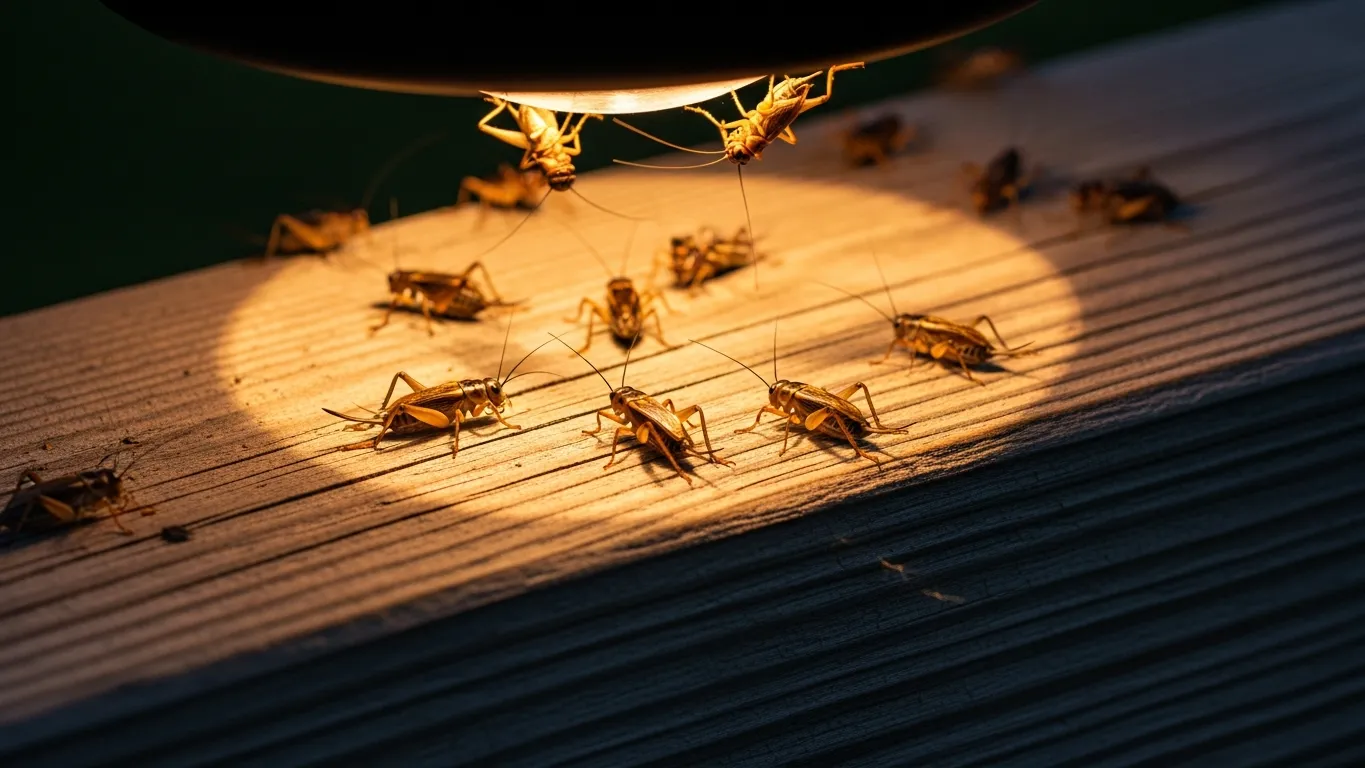 Crickets gathered under an outdoor porch light at night