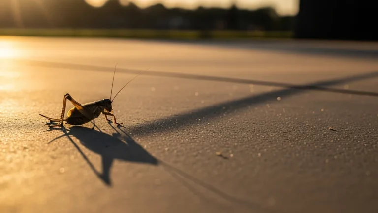 Single cricket casting a long shadow on a concrete patio at sunset