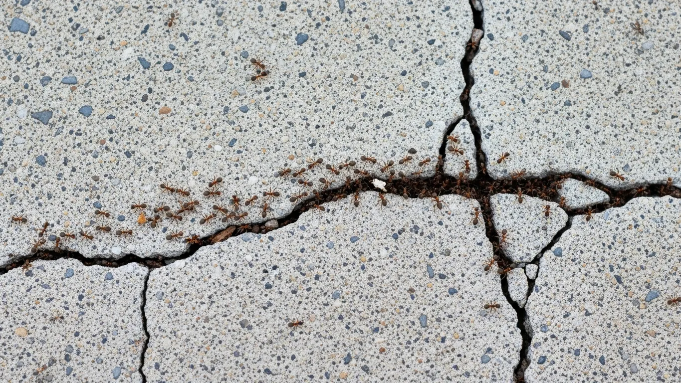 Ant colony entrance in cracked concrete with ants streaming out