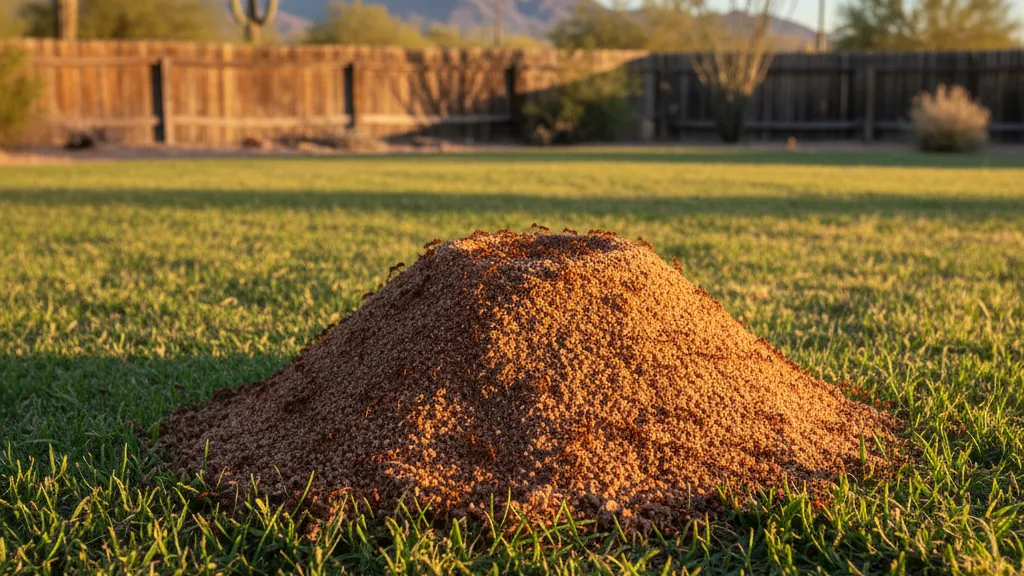 Fire ant mound in a sunny Phoenix backyard with reddish soil