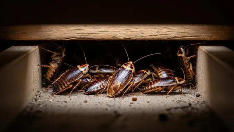 German cockroaches clustered behind a kitchen drawer