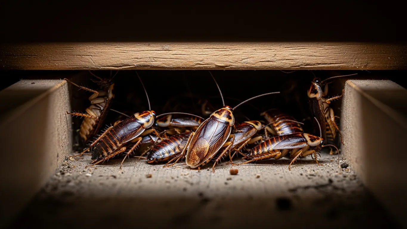 German cockroaches clustered behind a kitchen drawer