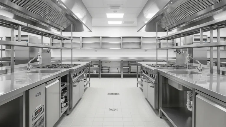 Spotless commercial kitchen with stainless steel surfaces