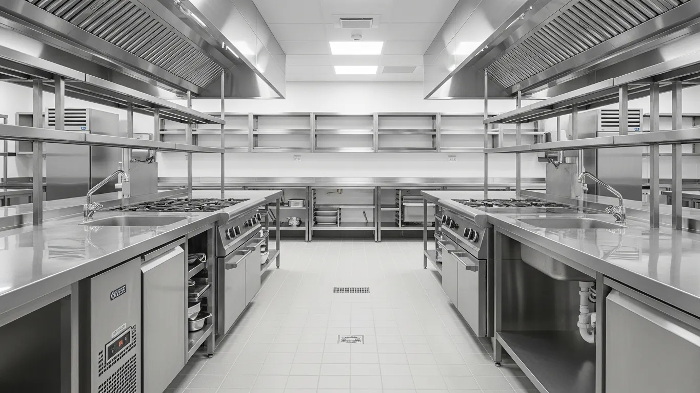 Spotless commercial kitchen with stainless steel surfaces