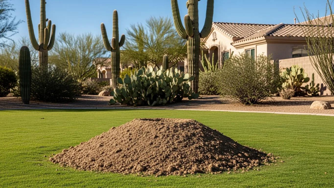 Fresh gopher mound in a green lawn with Arizona home behind