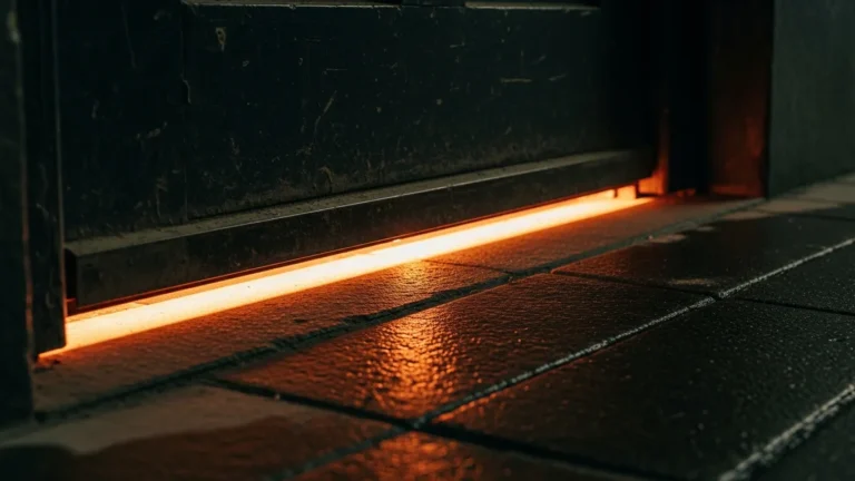 Exterior door threshold gap at night with warm light from inside