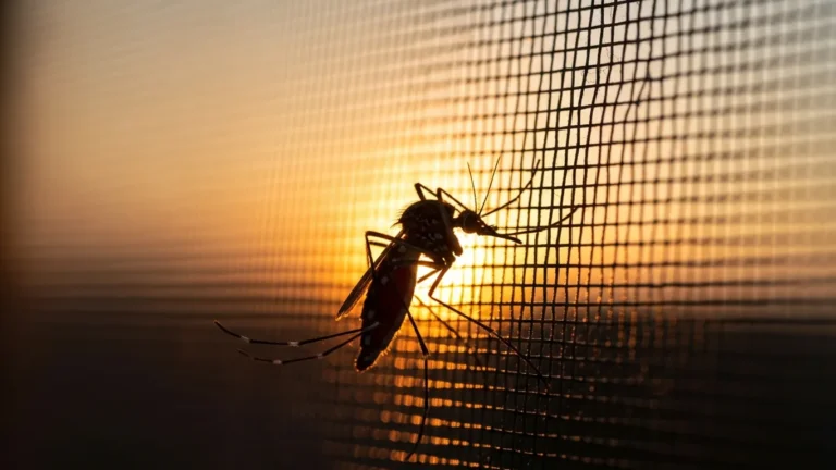 Mosquito resting on a window screen at sunset