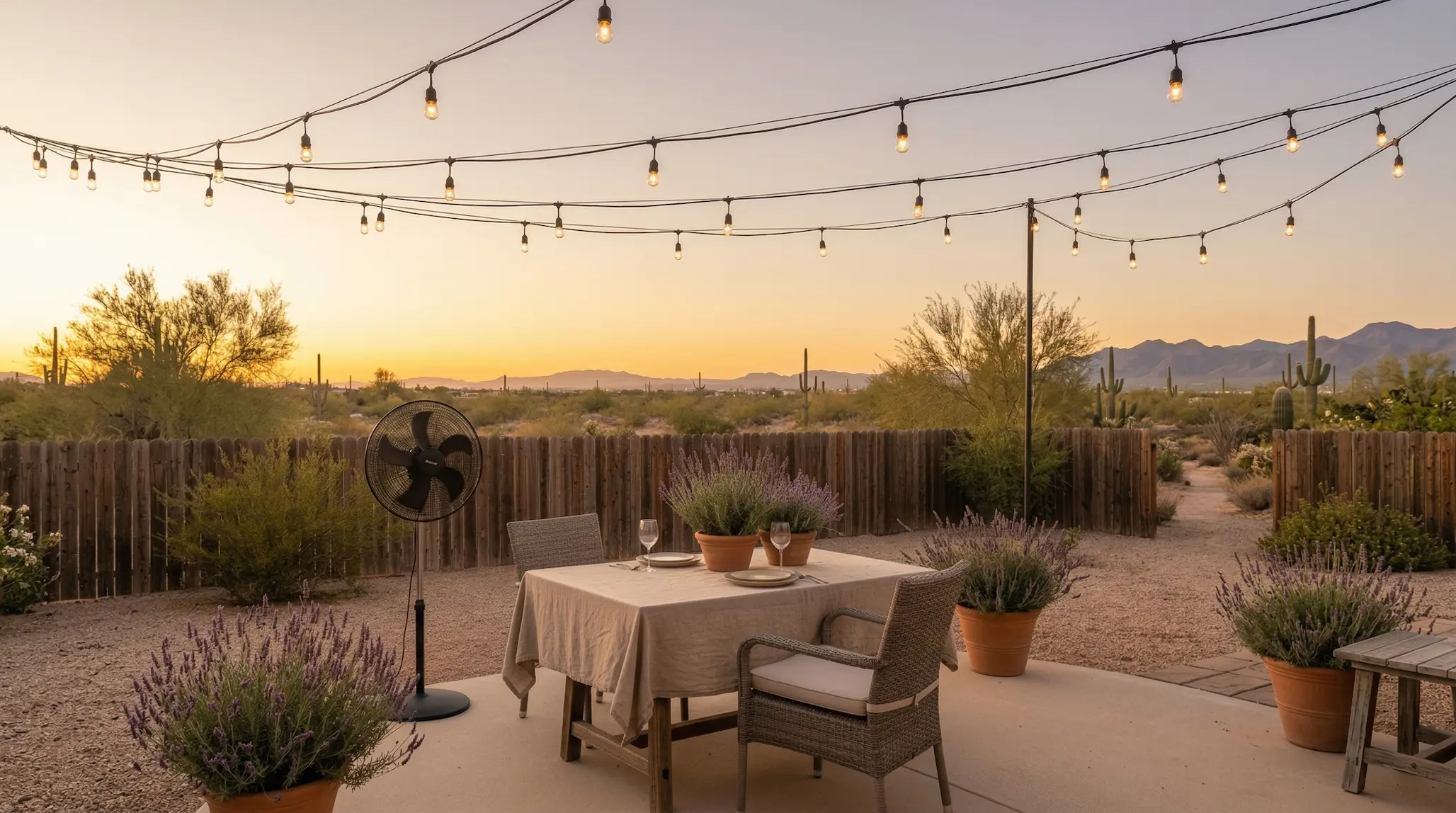 Phoenix backyard patio at dusk with string lights, potted lavender, and a floor fan for mosquito-free outdoor dining