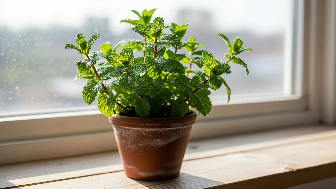 Peppermint plant on a bright windowsill as natural deterrent