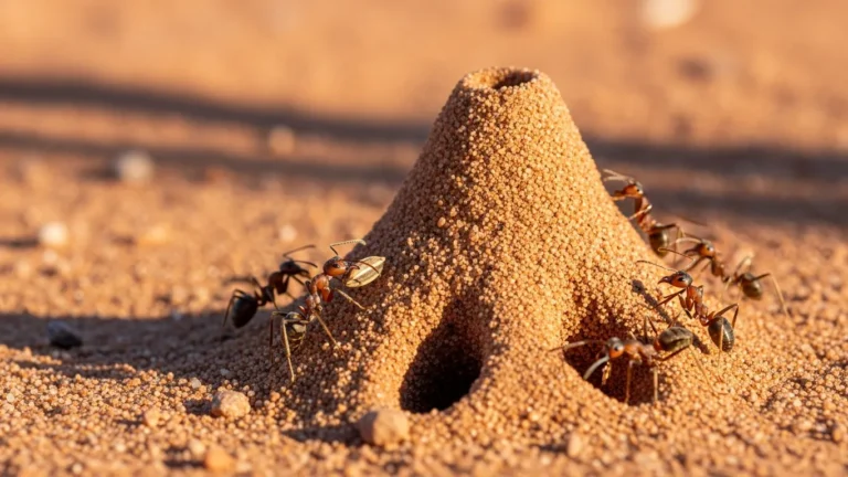 Red harvester ants working at a mound in Arizona desert sand