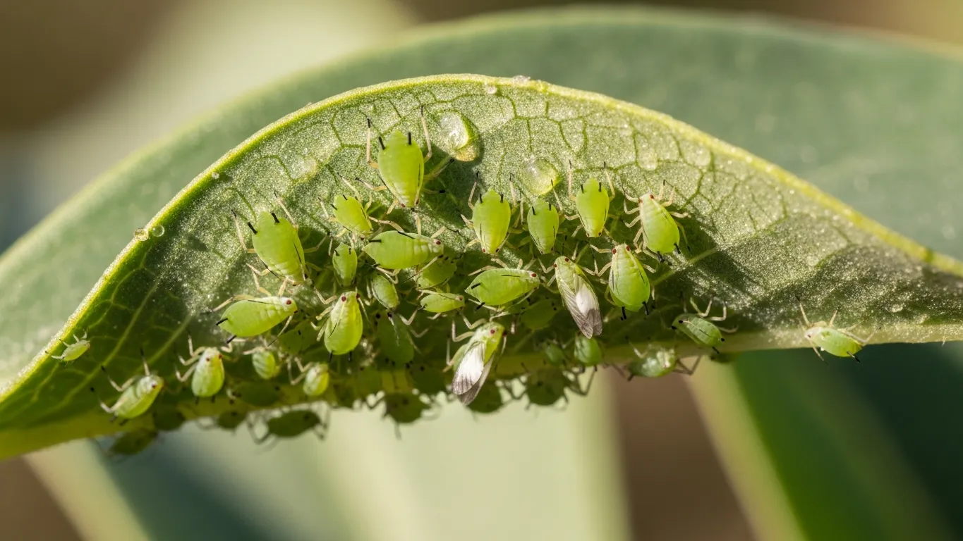 Cluster of green aphids on the underside of a plant leaf