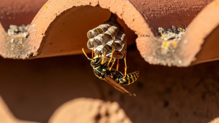 Paper wasp building a nest under a terracotta roof eave