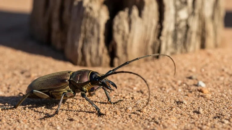 Palo verde beetle on sandy desert ground near a tree trunk