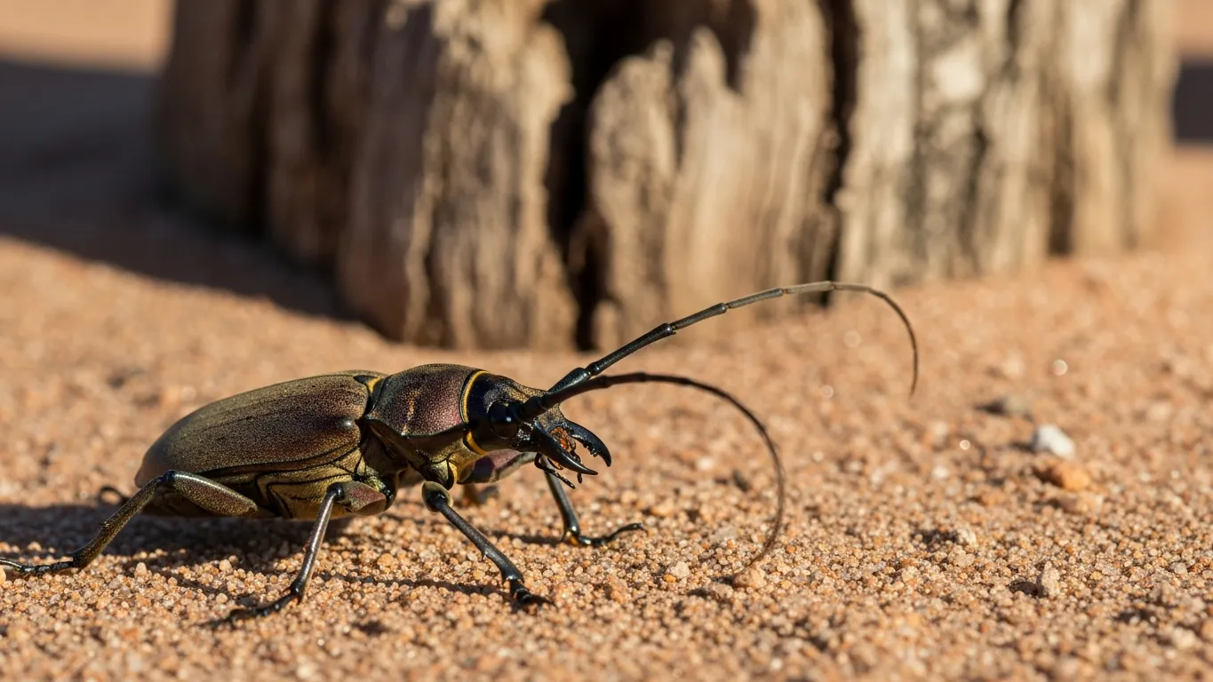 Palo verde beetle on sandy desert ground near a tree trunk