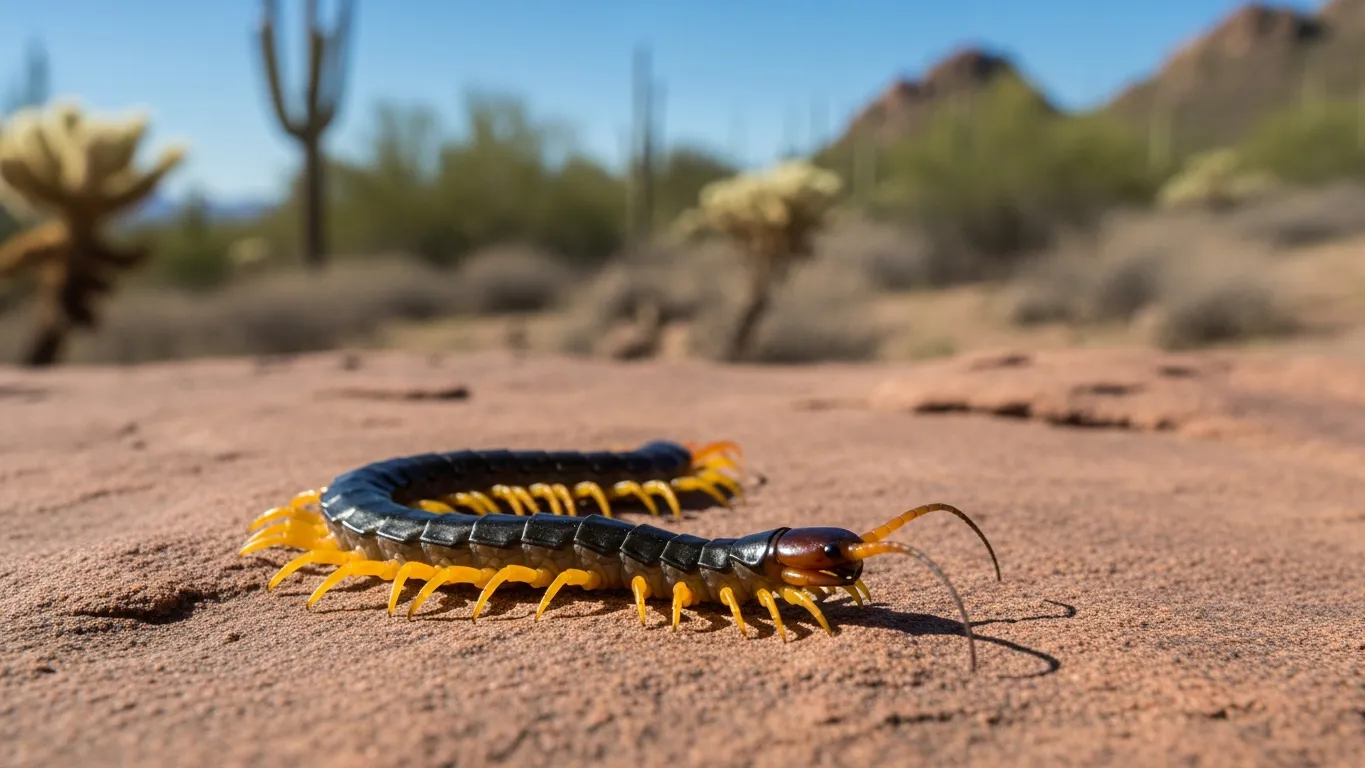 Desert centipede on a flat rock in arid Arizona landscape