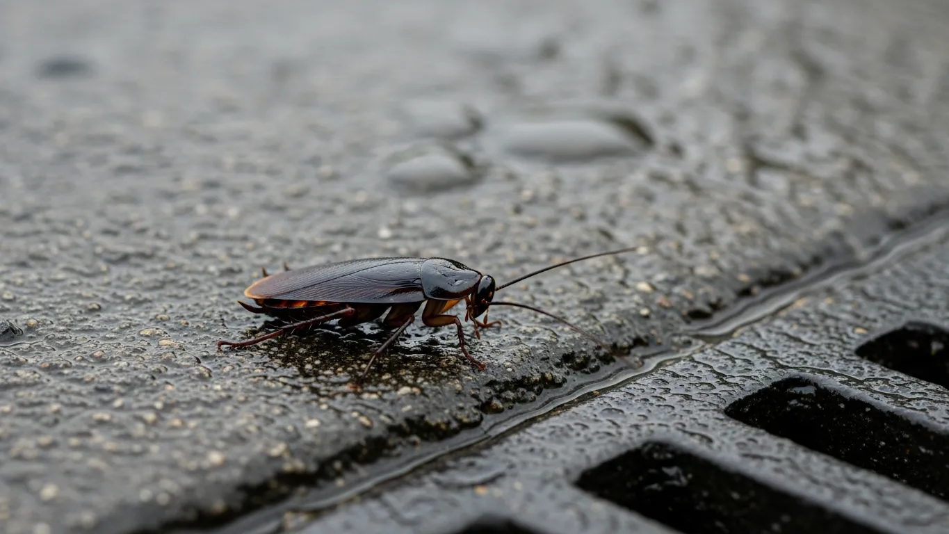 Oriental cockroach on damp concrete near a storm drain