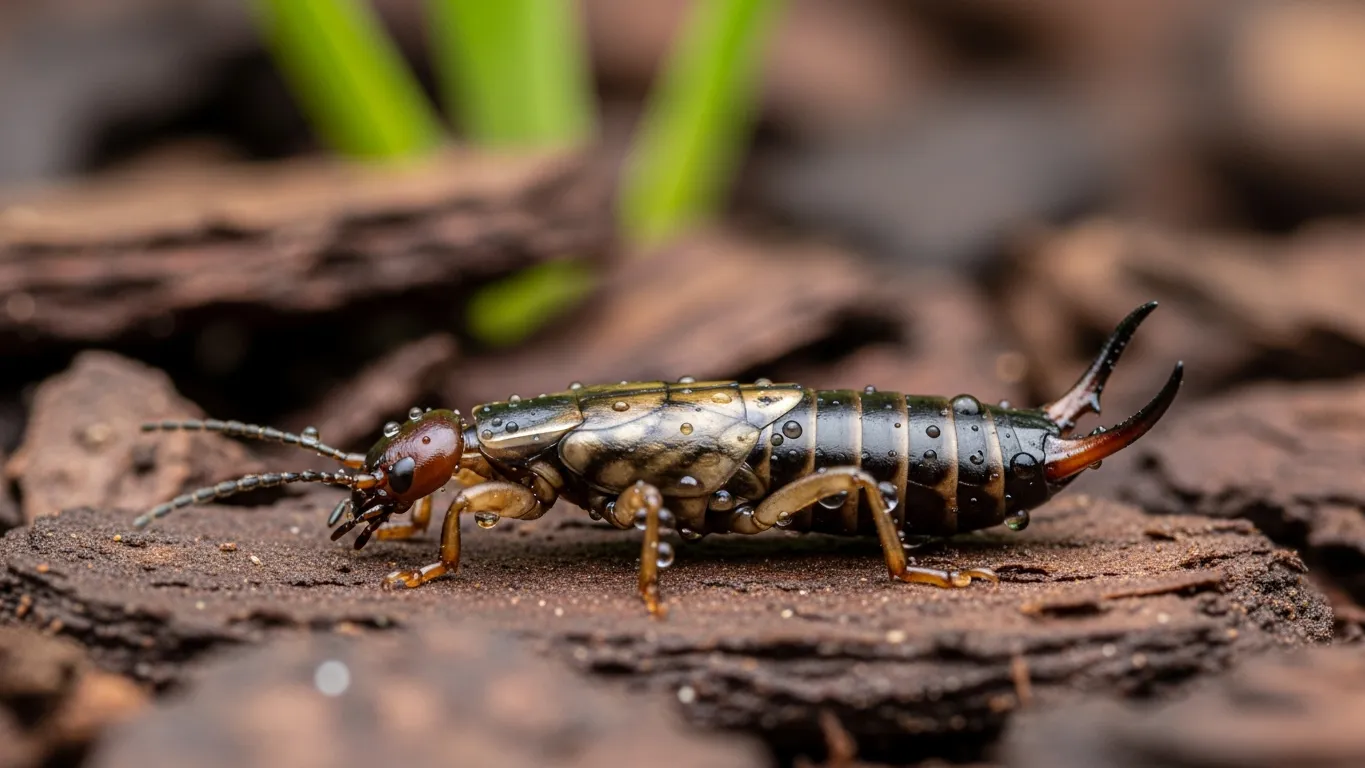 Earwig on damp bark mulch in a garden bed