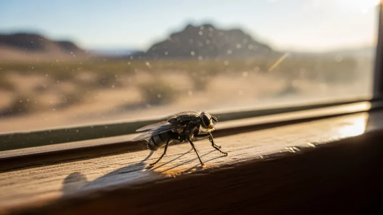 House fly on a sun-lit windowsill with desert view outside