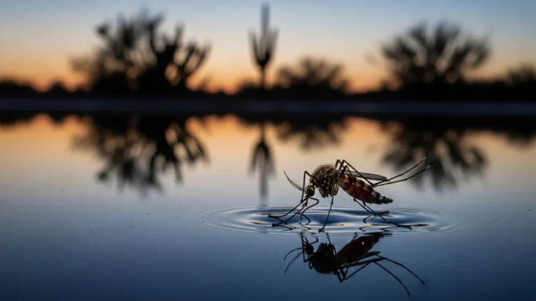 Mosquito on standing water with desert plants reflected