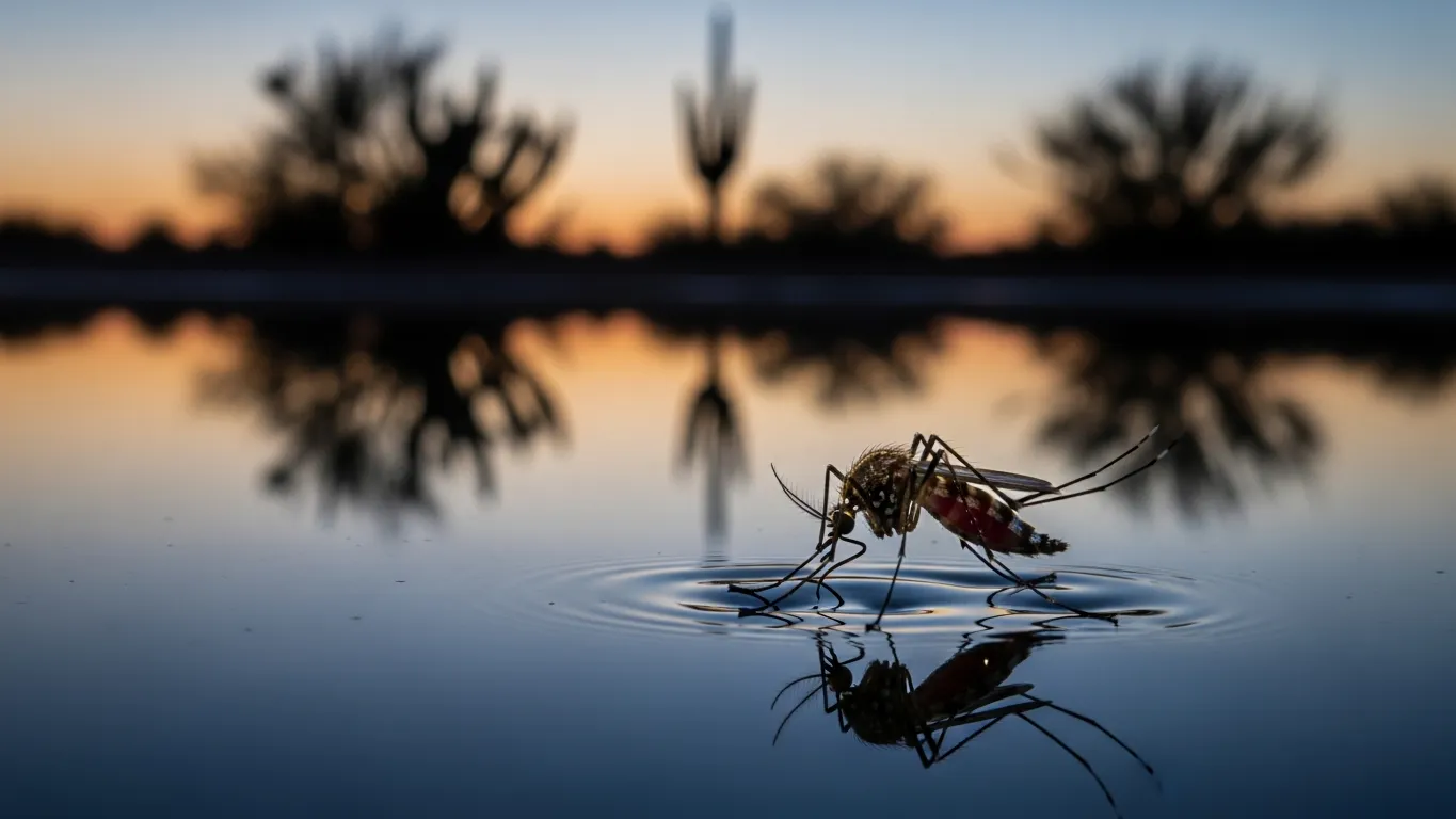 Mosquito on standing water with desert plants reflected