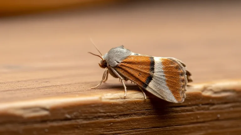Pantry moth on a wooden shelf edge in warm kitchen light