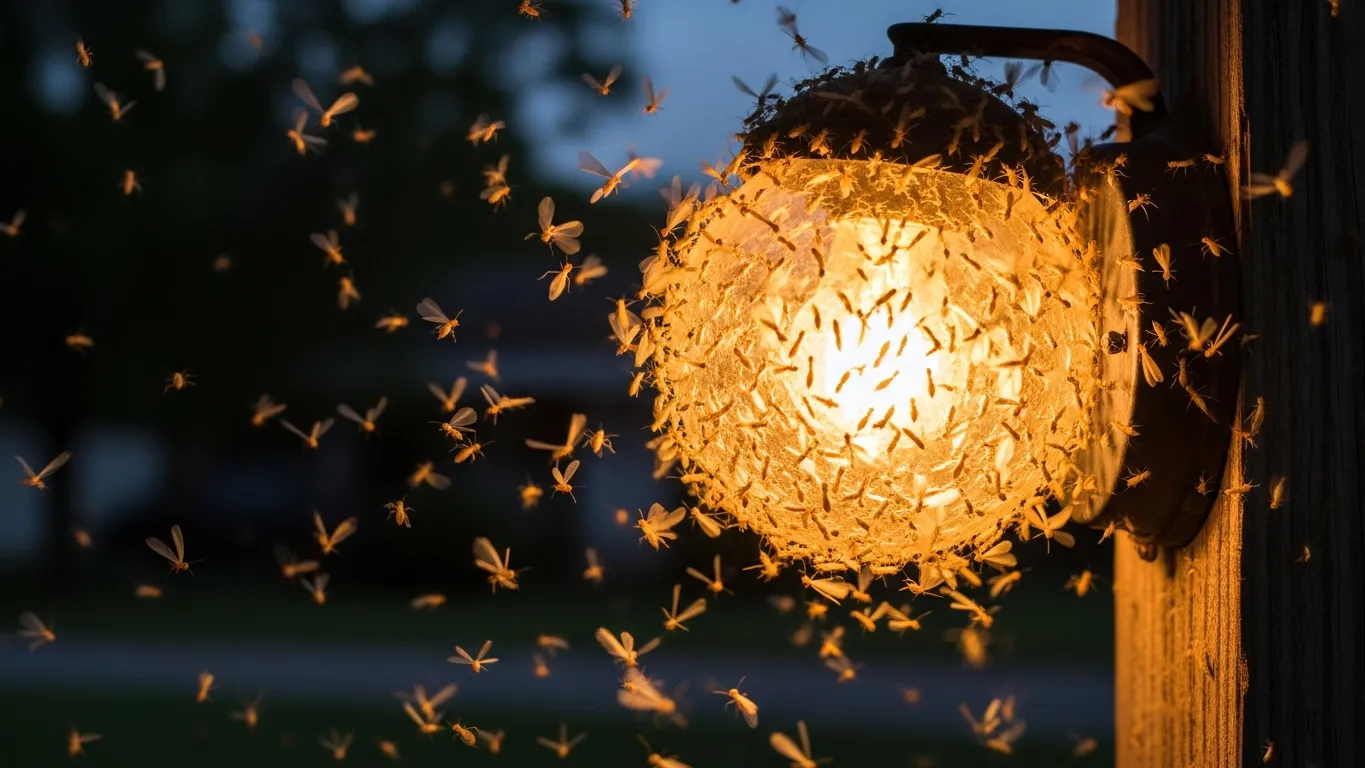 Winged termite swarmers gathered near a porch light at dusk