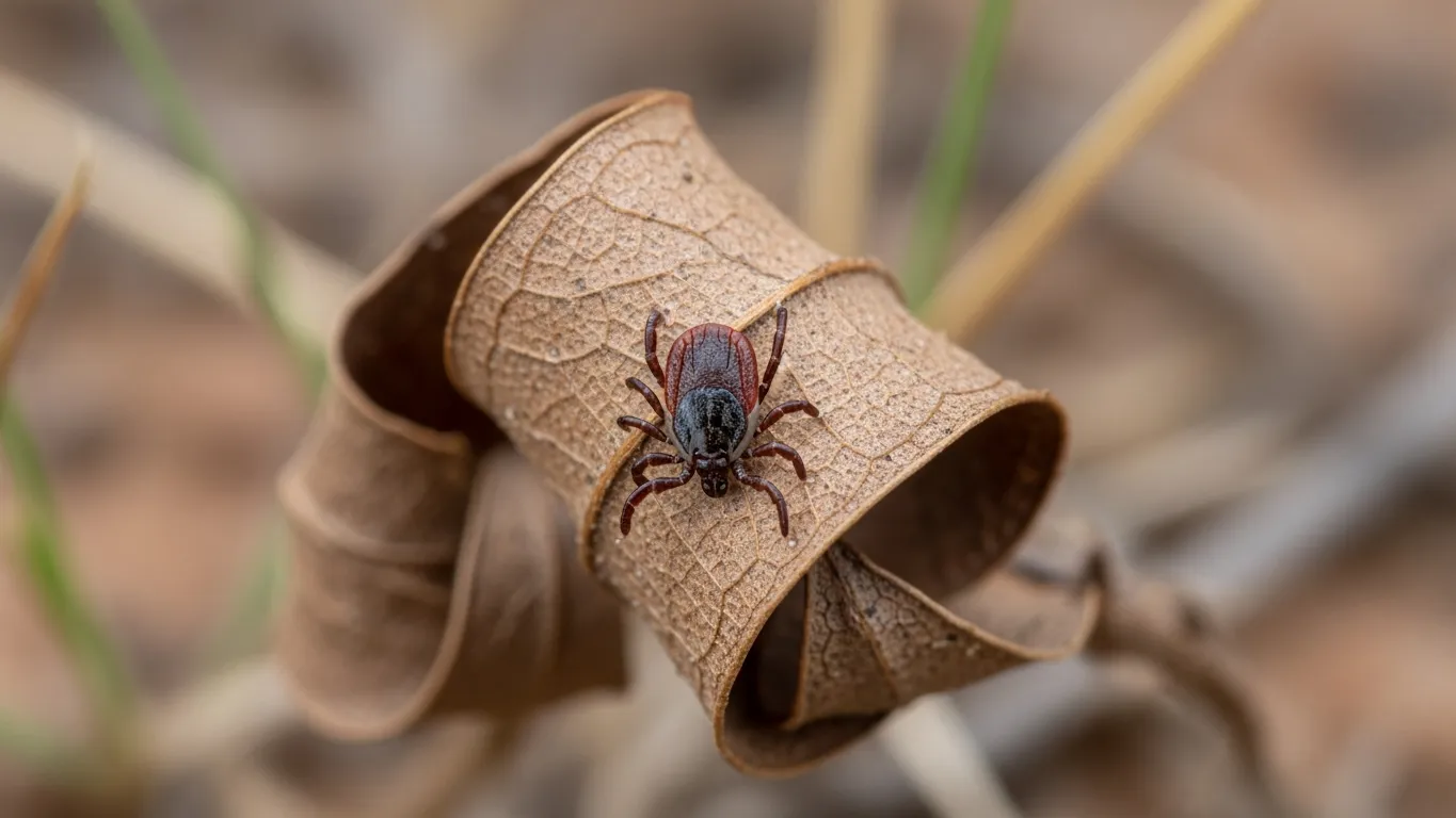 Deer tick on a dry brown leaf in desert scrubland