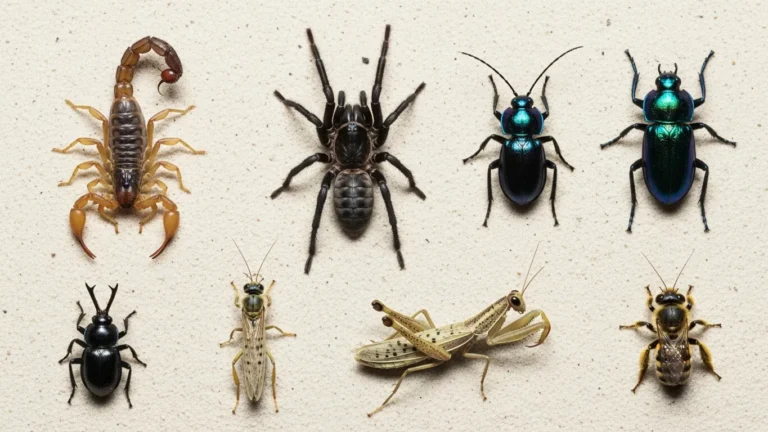 Various desert insects arranged on sand in field guide style