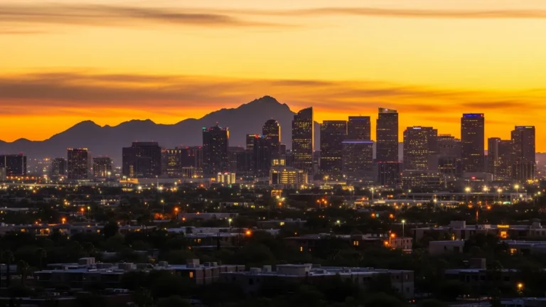 Phoenix skyline with Camelback Mountain at sunset
