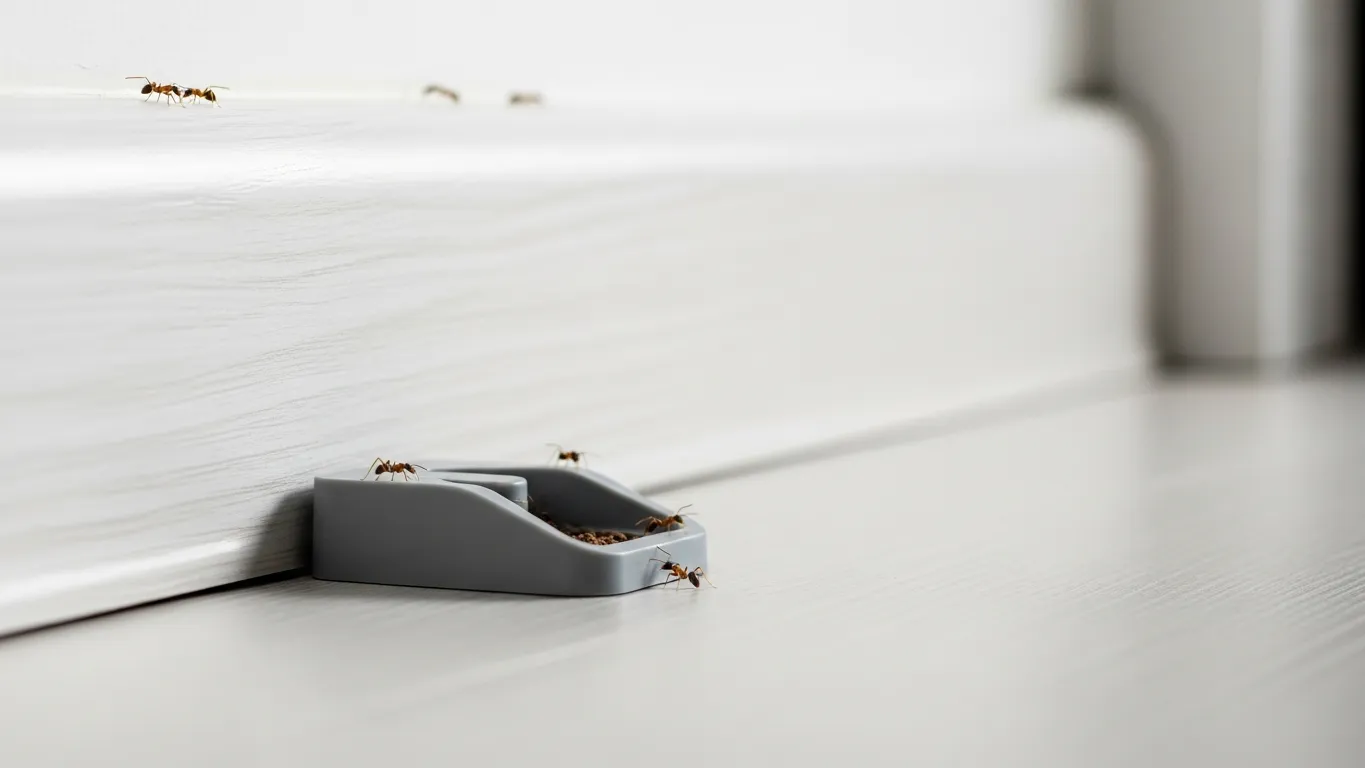Ant bait station on a kitchen floor near a wall baseboard