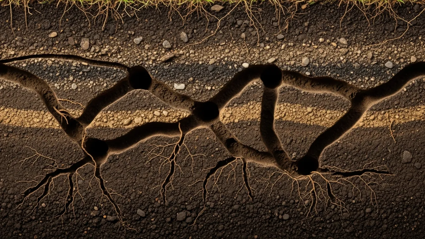 Gopher tunnel system visible in garden soil cross-section