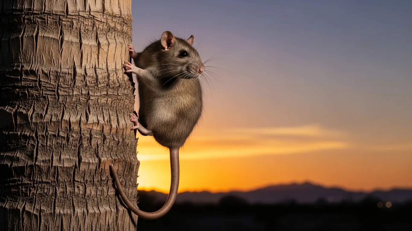 Roof rat on a palm tree trunk at dusk in Arizona