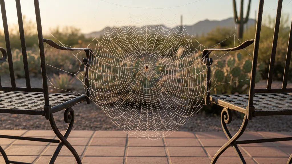 Spider web between patio chairs with morning dew and golden light
