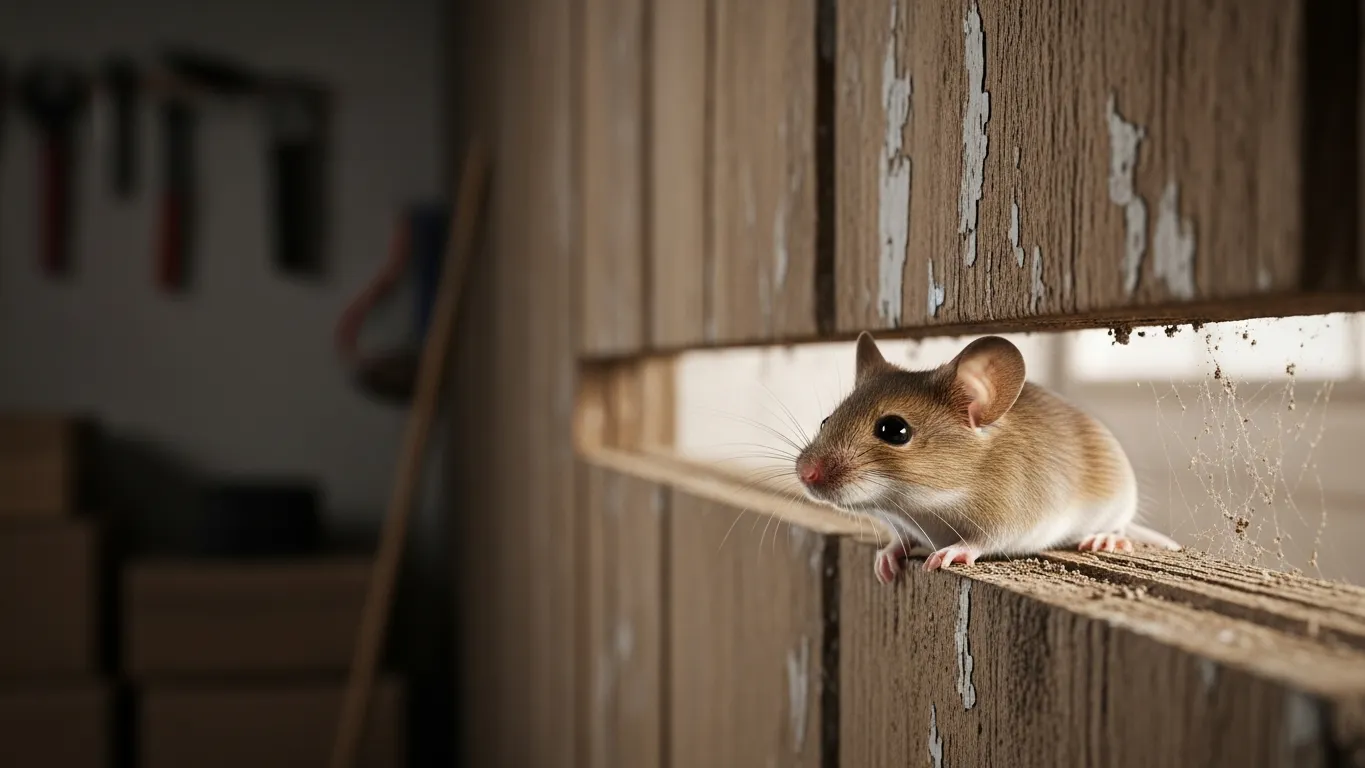 House mouse peeking from a gap in a garage wall