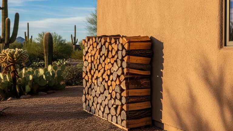 Firewood stacked away from a home exterior wall in Arizona